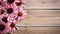 Pink echinacea flowers on wooden background. Top view with copy space