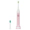 Pink electronic ultrasonic toothbrush on a charge stand with a changeable tip