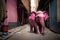 Pink elephant walking on a dirty street full of garbage. AI generated