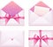 Pink envelope with ribbon, vector set