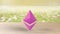 Pink Ethereum gold sign icon on blur field of flowers. 3d render isolated illustration, cryptocurrency, crypto, business,