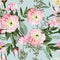 Pink eustoma with leaves and herbs seamless pattern.