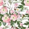 Pink eustoma with leaves and herbs seamless pattern. White background.