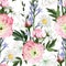 Pink eustoma with wild field flowers and herbs seamless pattern.