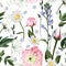 Pink eustoma with wild field flowers and herbs seamless pattern. White background.