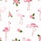 Pink exotic flamingo birds, tropical camelia flowers, green leaves hearts on white background. Stylish seamless pattern.