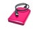 Pink external hard drive on white background