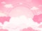 Pink fairytale sky background with stars and rainbow. White and pastel color clouds for imaginary world