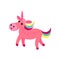 Pink fairytale unicorn with a rainbow mane cartoon vector Illustration