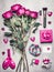 Pink Female accessories with roses flowers, makeup , hearts. Top view on messy woman boudoir , fashion blogger or modern dating