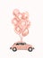 Pink female car with balloons for your design. Retro car. little pink Classic American Vintage Pink Car