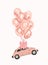 Pink female car with balloons for your design. Retro car. little pink Classic American Vintage Pink Car