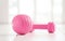 pink female dumbbells and ball on a light wooden floor on light sports hall background