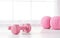 pink female dumbbells and ball on a light wooden floor on light sports hall background