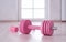 pink female dumbbells and a skipping rope on a light wooden floor on light sports hall background