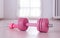 pink female dumbbells and a skipping rope on a light wooden floor on light sports hall background