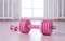 pink female dumbbells and a skipping rope on a light wooden floor on light sports hall background