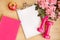 Pink female fitness set flowers dumbbells notebook breakfast app