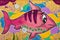 Pink Fish Grafito on Public Wall, Street Art Graffiti