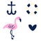 Pink flamingo, anchor, Lifebuoy, heart in flat style isolated