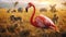 Pink flamingo with animals in field with sun rise.