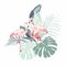 Pink flamingo bird, tropical flowers, palm leaves, monstera, jungle leaf composition.