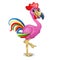 Pink flamingo with bright feathers of a rooster isolated on a white background. Vector illustration.