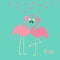 Pink flamingo couple and hearts. Exotic tropical bird. Zoo animal collection. Cute cartoon character. Love greeting card.