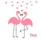 Pink flamingo couple and hearts. Word love. Exotic tropical bird. Zoo animal collection. Cute cartoon character. Greeting card. Fl