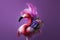 Pink flamingo decorated with flowers on a purple background AI generative