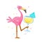 Pink Flamingo Drinking Cocktail. Cartoon Kawaii Bird Character on Summer Vacation. Cute Personage Summertime