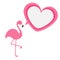 Pink flamingo. Exotic tropical bird. Zoo animal collection. Heart frame talking bubble. Cute cartoon character. Decoration element