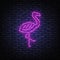 Pink flamingo neon in retro style on transparent background. 3d banner with flamingo on light background. Summer party