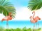 Pink flamingo, palm trees tropical jungle background