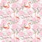 Pink flamingo, peony flowers, hand written text. Seamless pattern. Watercolor