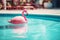 Pink flamingo pool float floating in a refreshing blue swimming pool in tropical resort. Generative AI illustration