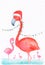 Pink flamingo in Santa hat watercolor illustration. Merry hristmas and Happy New Year card template with text place