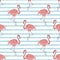 Pink flamingo seamless pattern on blue striped background Tropical cute print Summer geometric graphic design