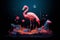 Pink flamingo standing in flowers field on futuristic cosmic space background in universe dark sky