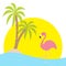 Pink flamingo standing on one leg. Two palms tree, island, ocean, see water, big sun sunset. Exotic tropical bird. Cute cartoon ch