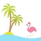 Pink flamingo standing on one leg. Two palms tree, island, ocean, see water. Exotic tropical bird. Zoo animal collection. Cute car