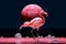 Pink flamingo standing in water on futuristic cosmic space background with big planet in universe sky