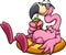 Pink flamingo with sunglasses resting on a lifesaver and having a tropical drink