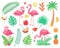 Pink flamingo and tropical plants. Beach palm, african plant leafs, rainforest flower, tropic palms leaf and rosy