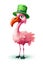 A pink flamingo wearing a green hat