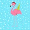 Pink flamingo with wing holding christmas fir tree. Santa Claus hat. Exotic tropical bird. Zoo animal collection. Cute cartoon cha