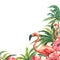 Pink flamingos with coconut palms and red hibiscus flowers. Watercolor illustration from the CUBA collection. For the