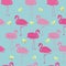 Pink flamingos with different poses seamless pattern turquoise