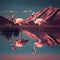 Pink flamingos on the lake against the background of pink mountains, magnificent natural landscape, beautiful background
