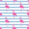 Pink flamingos seamless pattern. Tropical summer animal background with geometric stripes texture.